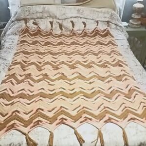 HAND MADE CROCHTED PINK/BEIGE,CREAM THROW W/FRINGD ENDS 44 x 57